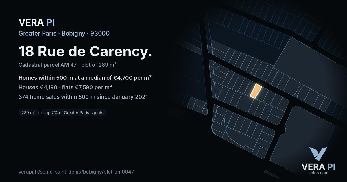 18 Rue de Carency, Bobigny at night – the plot lit, the parcels around coloured by the prices near them
