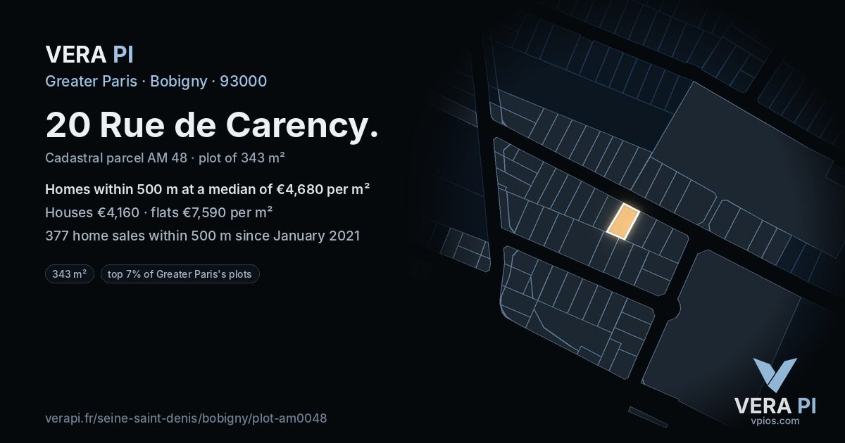 20 Rue de Carency, Bobigny at night – the plot lit, the parcels around coloured by the prices near them