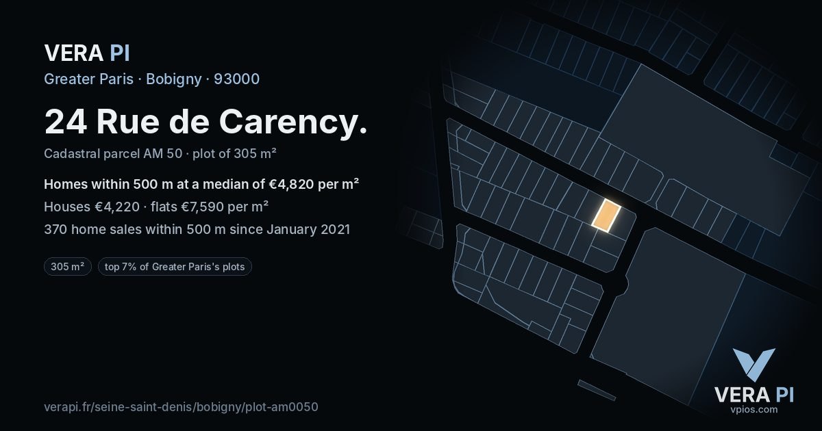 24 Rue de Carency, Bobigny at night – the plot lit, the parcels around coloured by the prices near them