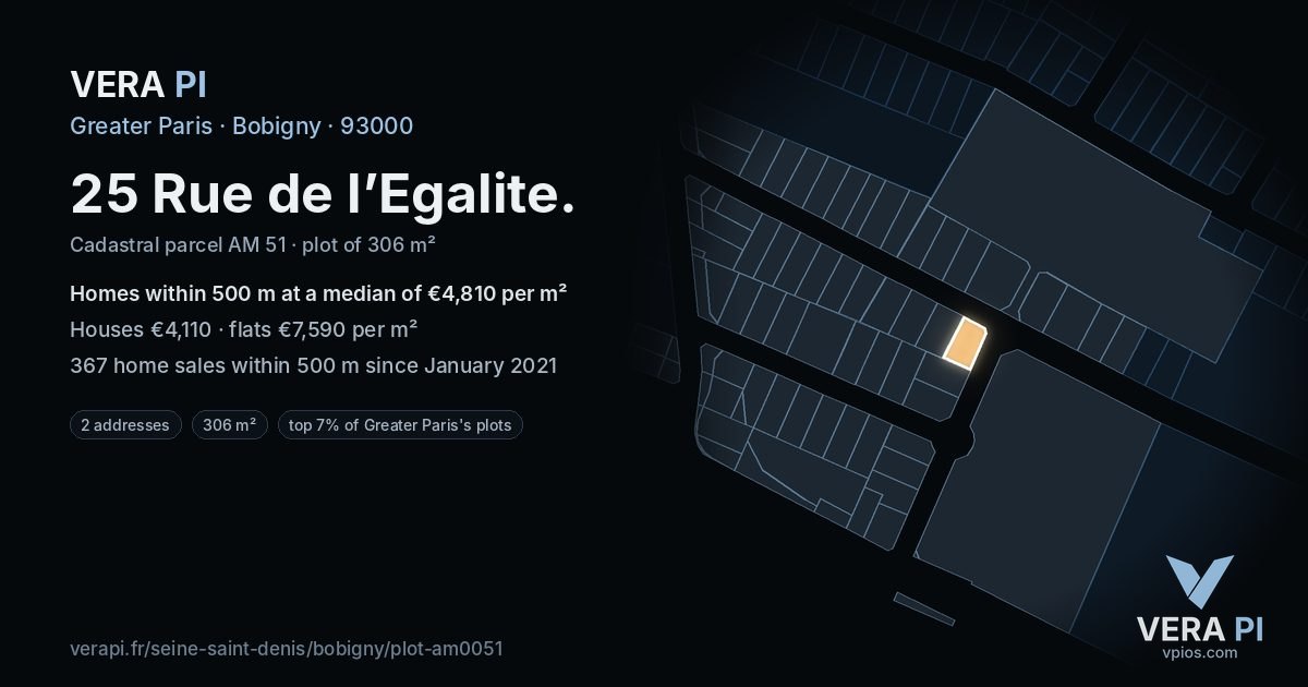 25 Rue de l’Egalite, Bobigny at night – the plot lit, the parcels around coloured by the prices near them