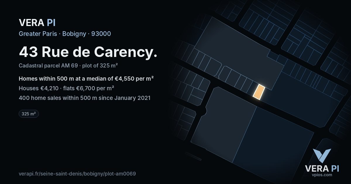 43 Rue de Carency, Bobigny at night – the plot lit, the parcels around coloured by the prices near them