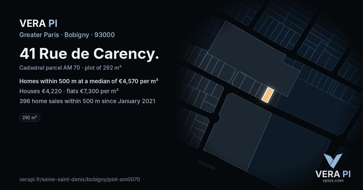41 Rue de Carency, Bobigny at night – the plot lit, the parcels around coloured by the prices near them