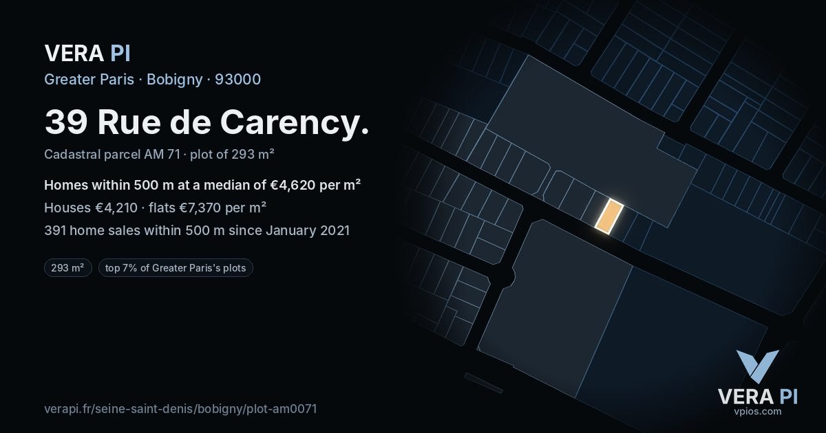 39 Rue de Carency, Bobigny at night – the plot lit, the parcels around coloured by the prices near them