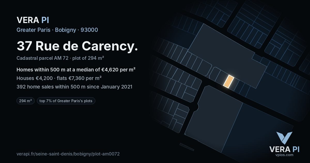 37 Rue de Carency, Bobigny at night – the plot lit, the parcels around coloured by the prices near them