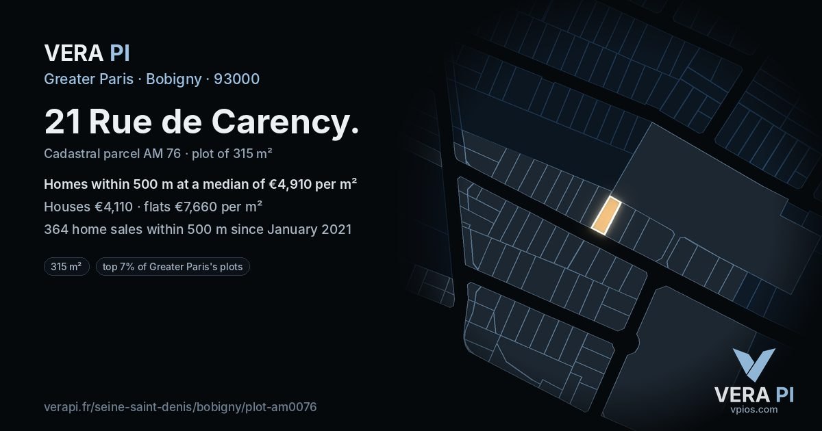 21 Rue de Carency, Bobigny at night – the plot lit, the parcels around coloured by the prices near them