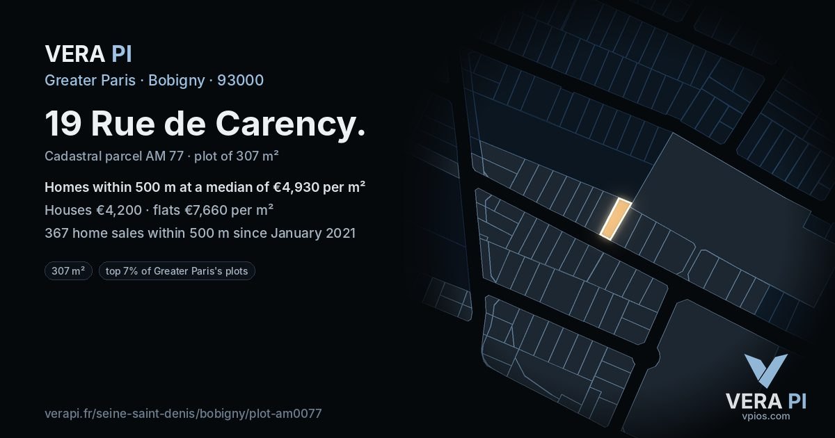 19 Rue de Carency, Bobigny at night – the plot lit, the parcels around coloured by the prices near them