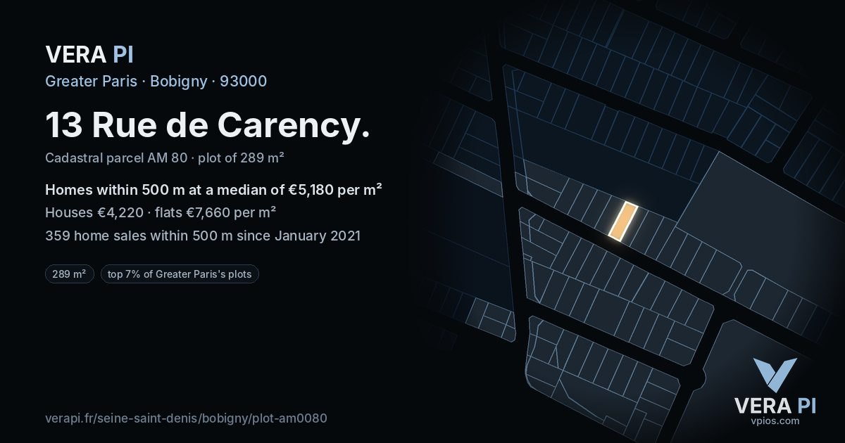 13 Rue de Carency, Bobigny at night – the plot lit, the parcels around coloured by the prices near them