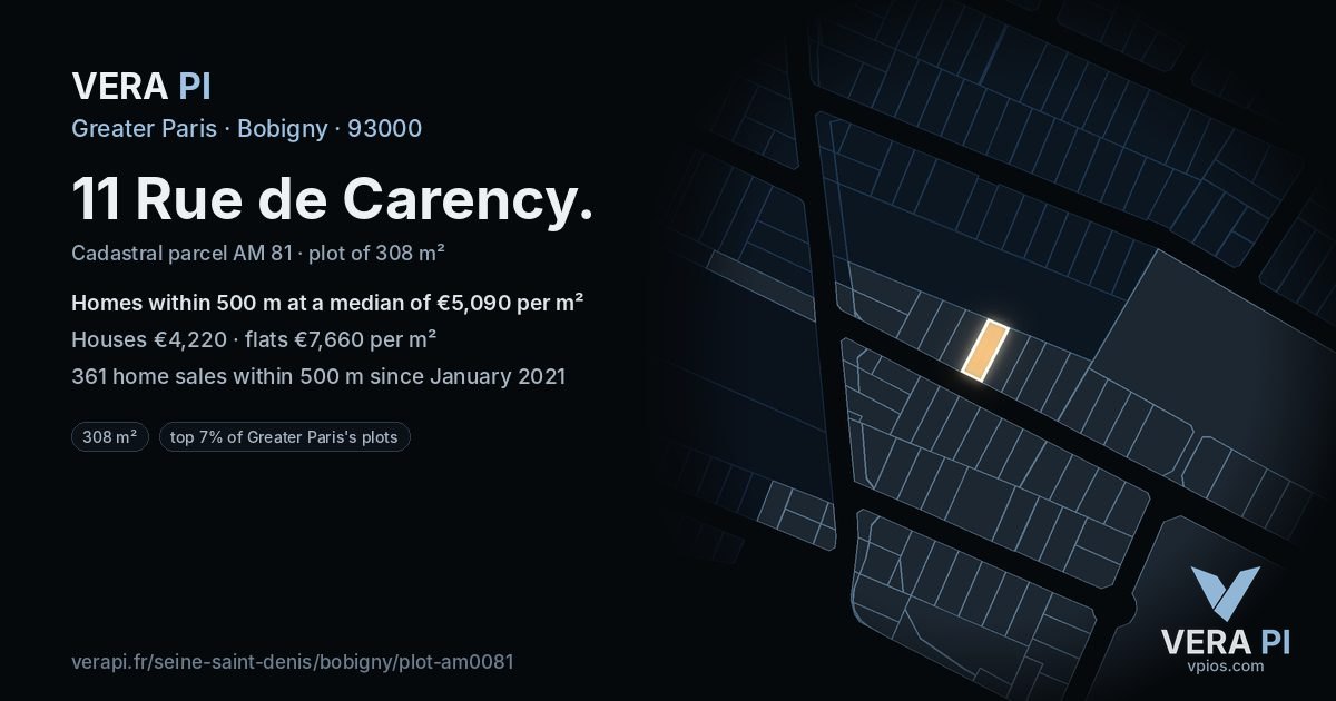 11 Rue de Carency, Bobigny at night – the plot lit, the parcels around coloured by the prices near them