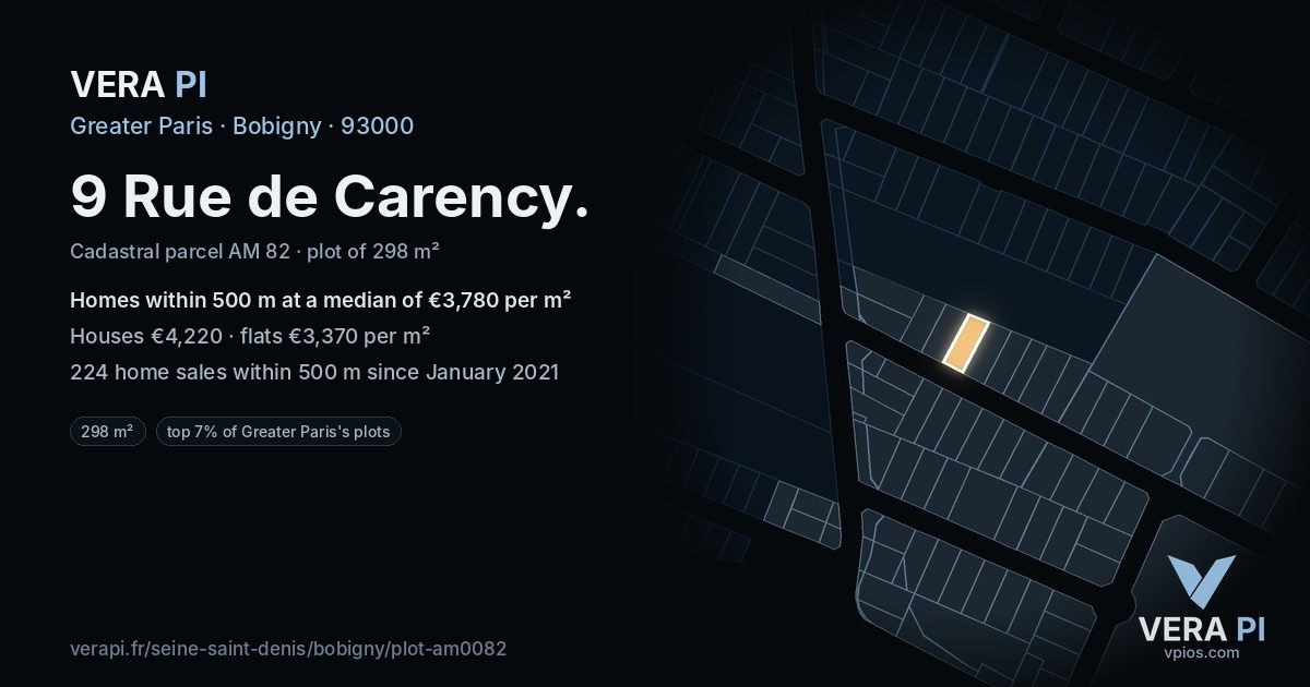 9 Rue de Carency, Bobigny at night – the plot lit, the parcels around coloured by the prices near them