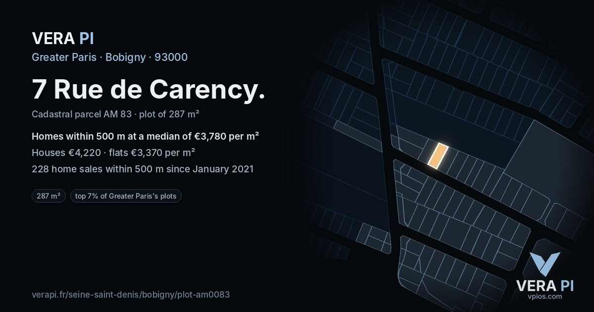 7 Rue de Carency, Bobigny at night – the plot lit, the parcels around coloured by the prices near them