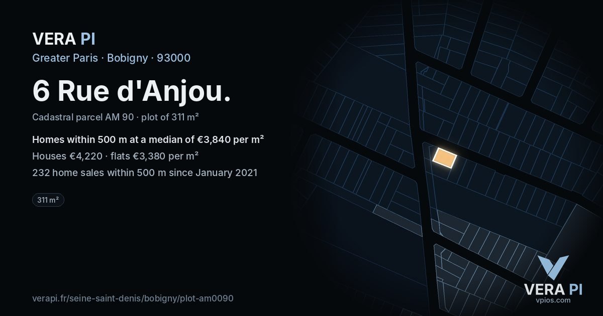 6 Rue d'Anjou, Bobigny at night – the plot lit, the parcels around coloured by the prices near them