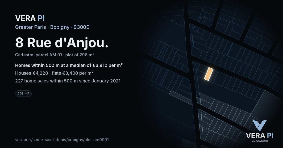 8 Rue d'Anjou, Bobigny at night – the plot lit, the parcels around coloured by the prices near them