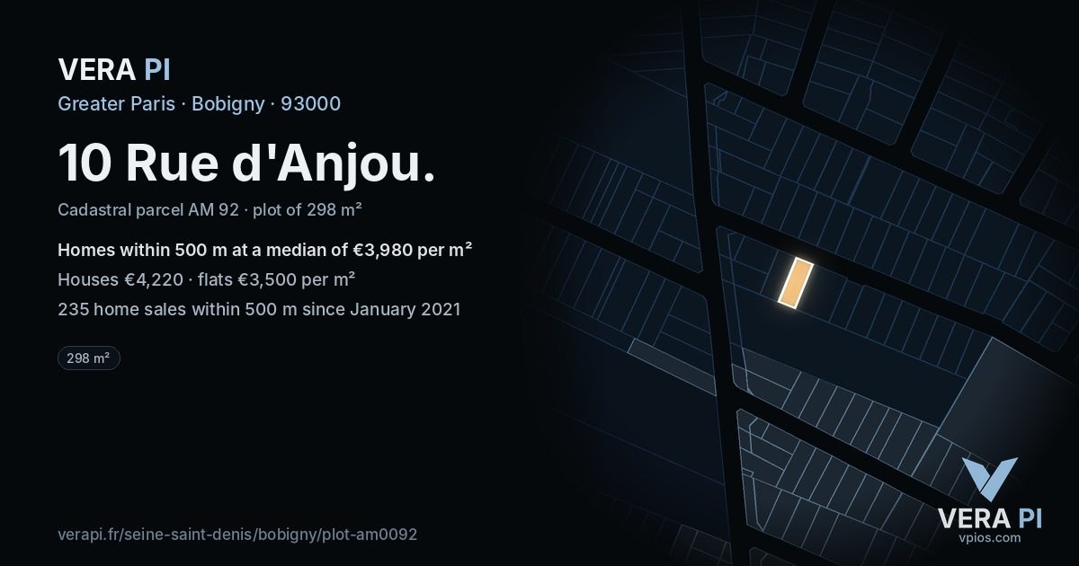 10 Rue d'Anjou, Bobigny at night – the plot lit, the parcels around coloured by the prices near them