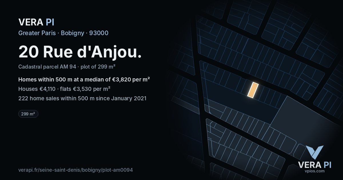 20 Rue d'Anjou, Bobigny at night – the plot lit, the parcels around coloured by the prices near them