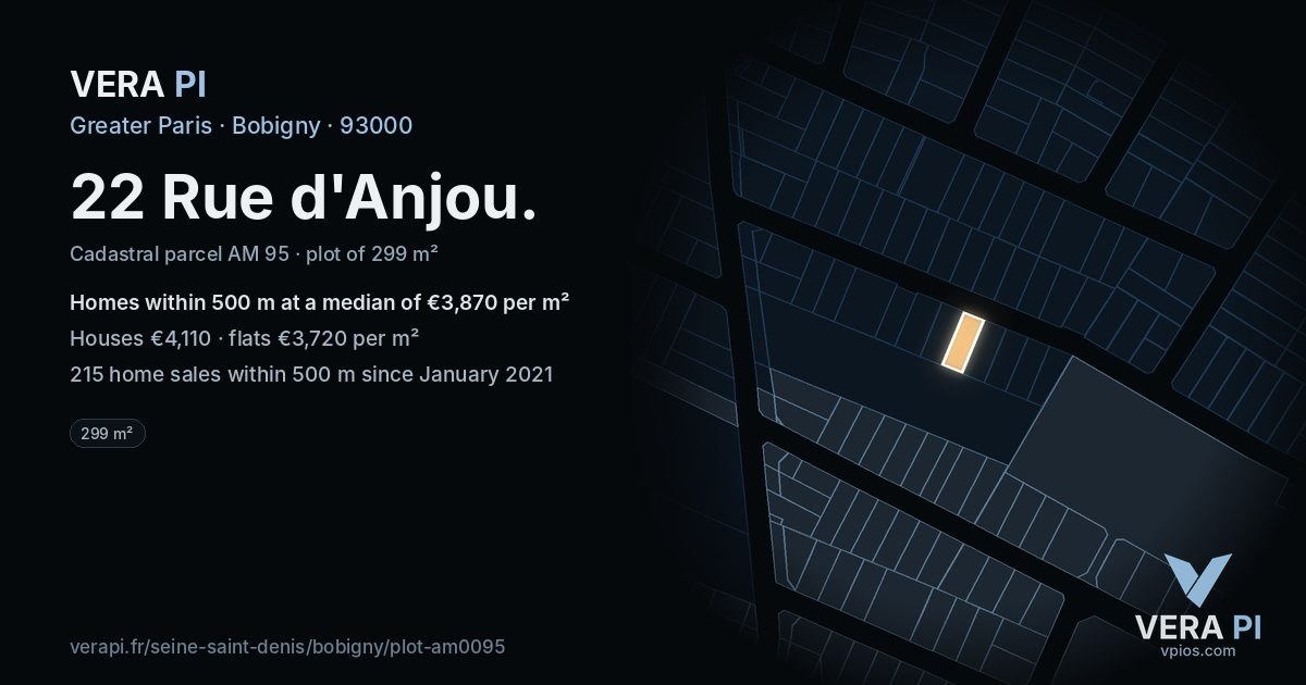 22 Rue d'Anjou, Bobigny at night – the plot lit, the parcels around coloured by the prices near them
