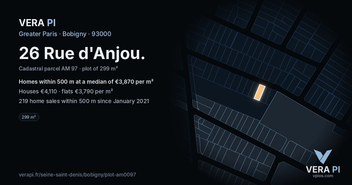 26 Rue d'Anjou, Bobigny at night – the plot lit, the parcels around coloured by the prices near them