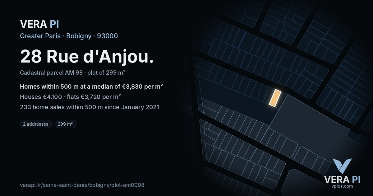 28 Rue d'Anjou, Bobigny at night – the plot lit, the parcels around coloured by the prices near them
