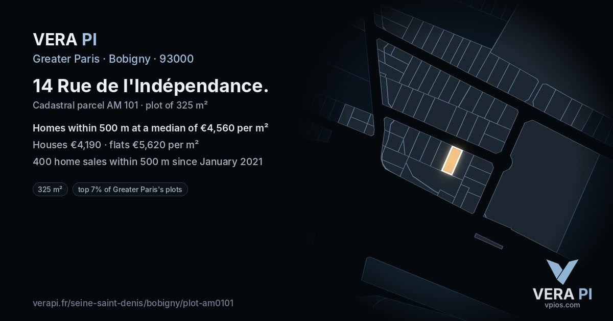 14 Rue de l'Indépendance, Bobigny at night – the plot lit, the parcels around coloured by the prices near them