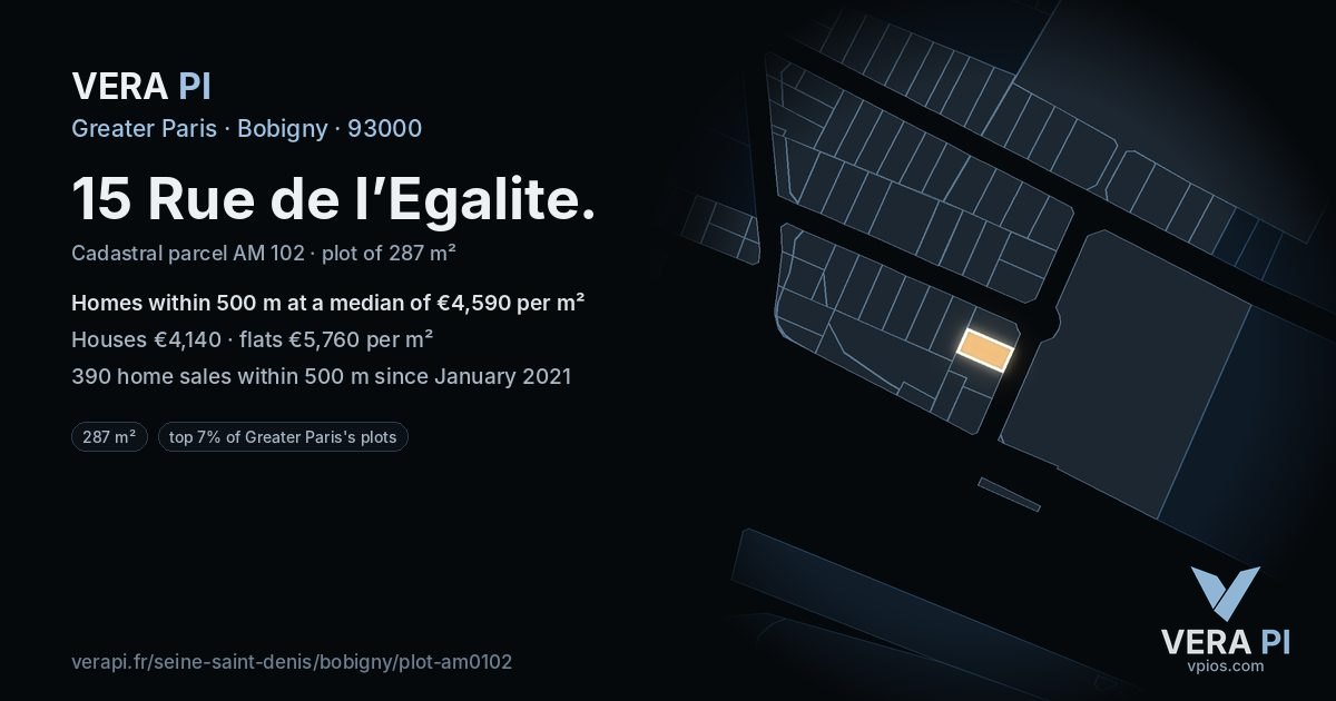 15 Rue de l’Egalite, Bobigny at night – the plot lit, the parcels around coloured by the prices near them