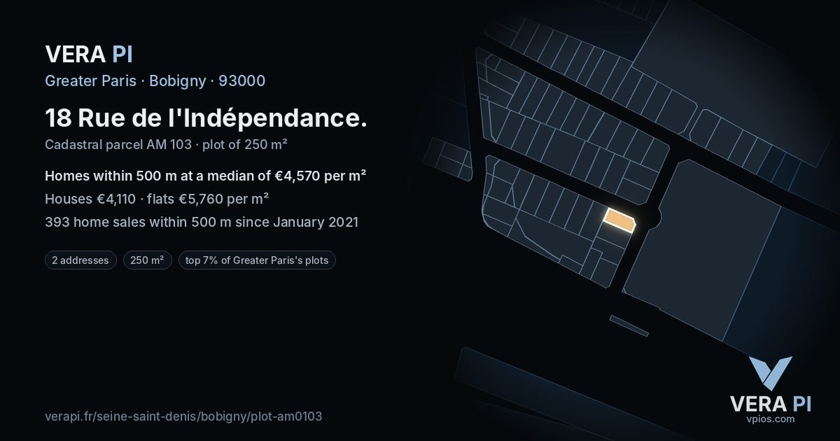 18 Rue de l'Indépendance, Bobigny at night – the plot lit, the parcels around coloured by the prices near them