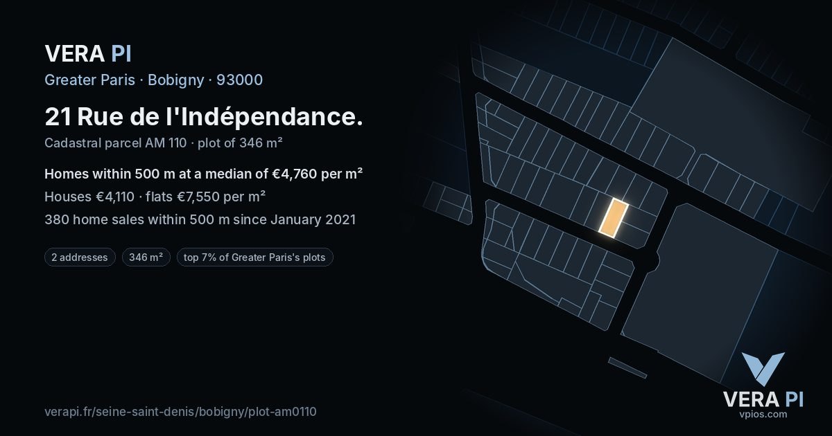 21 Rue de l'Indépendance, Bobigny at night – the plot lit, the parcels around coloured by the prices near them