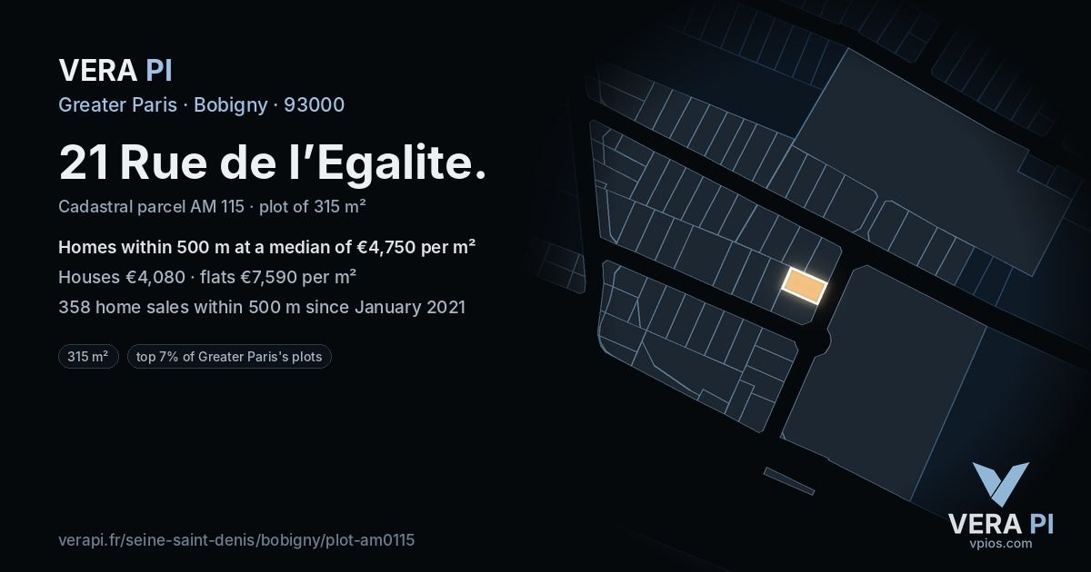 21 Rue de l’Egalite, Bobigny at night – the plot lit, the parcels around coloured by the prices near them