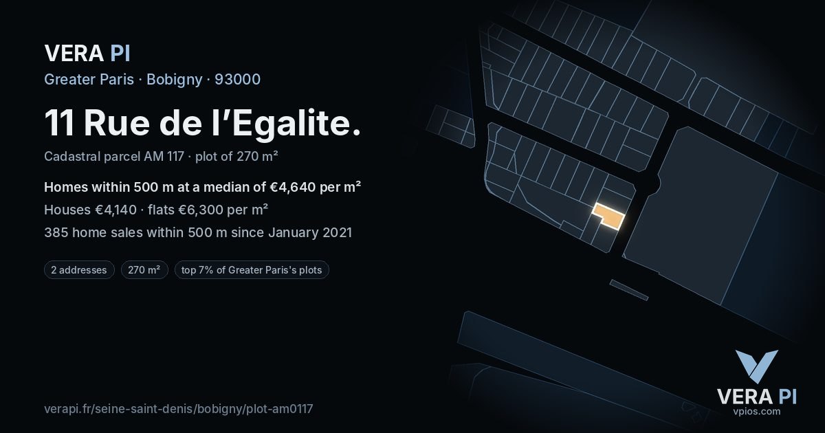 11 Rue de l’Egalite, Bobigny at night – the plot lit, the parcels around coloured by the prices near them