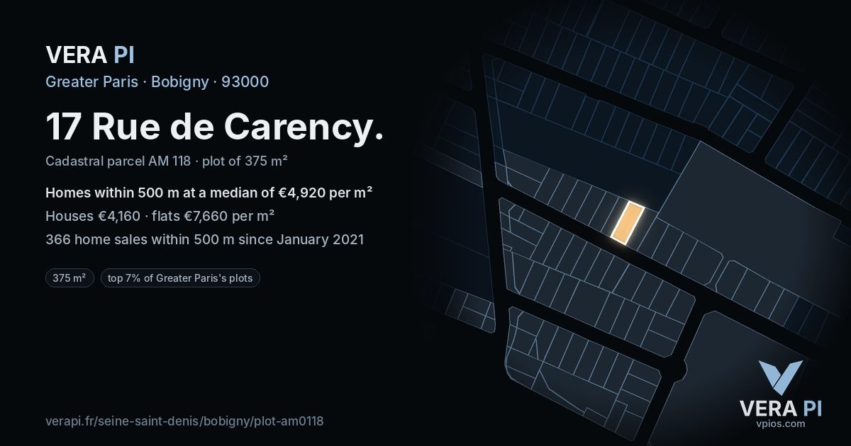 17 Rue de Carency, Bobigny at night – the plot lit, the parcels around coloured by the prices near them