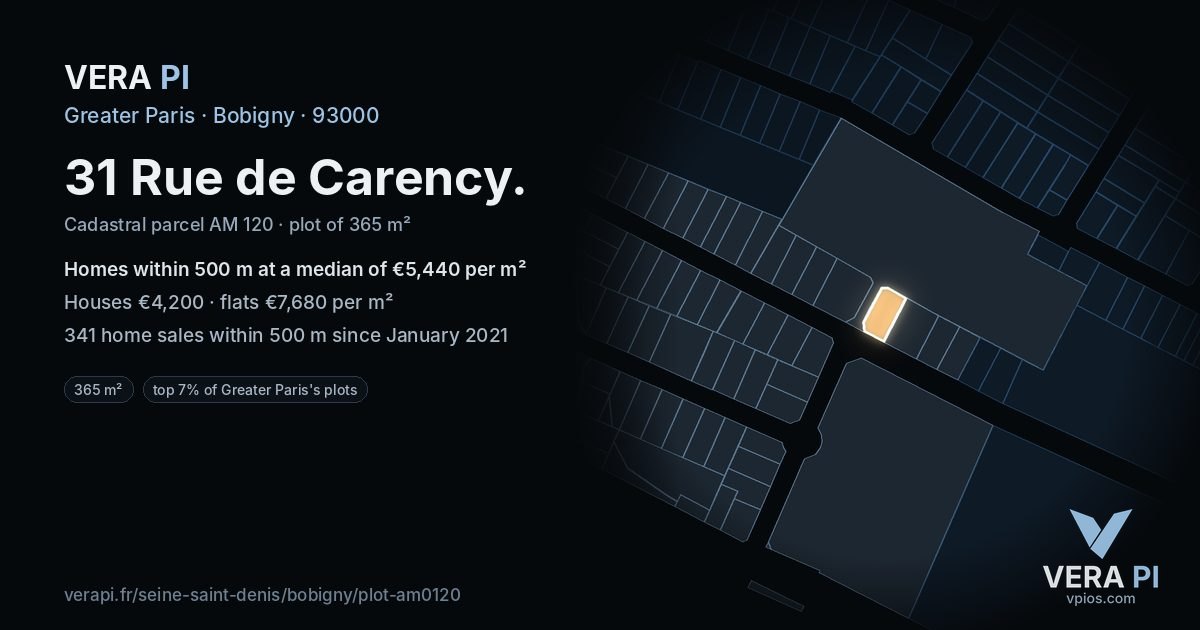 31 Rue de Carency, Bobigny at night – the plot lit, the parcels around coloured by the prices near them
