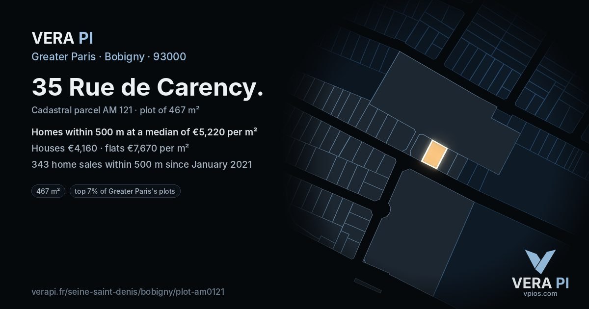 35 Rue de Carency, Bobigny at night – the plot lit, the parcels around coloured by the prices near them