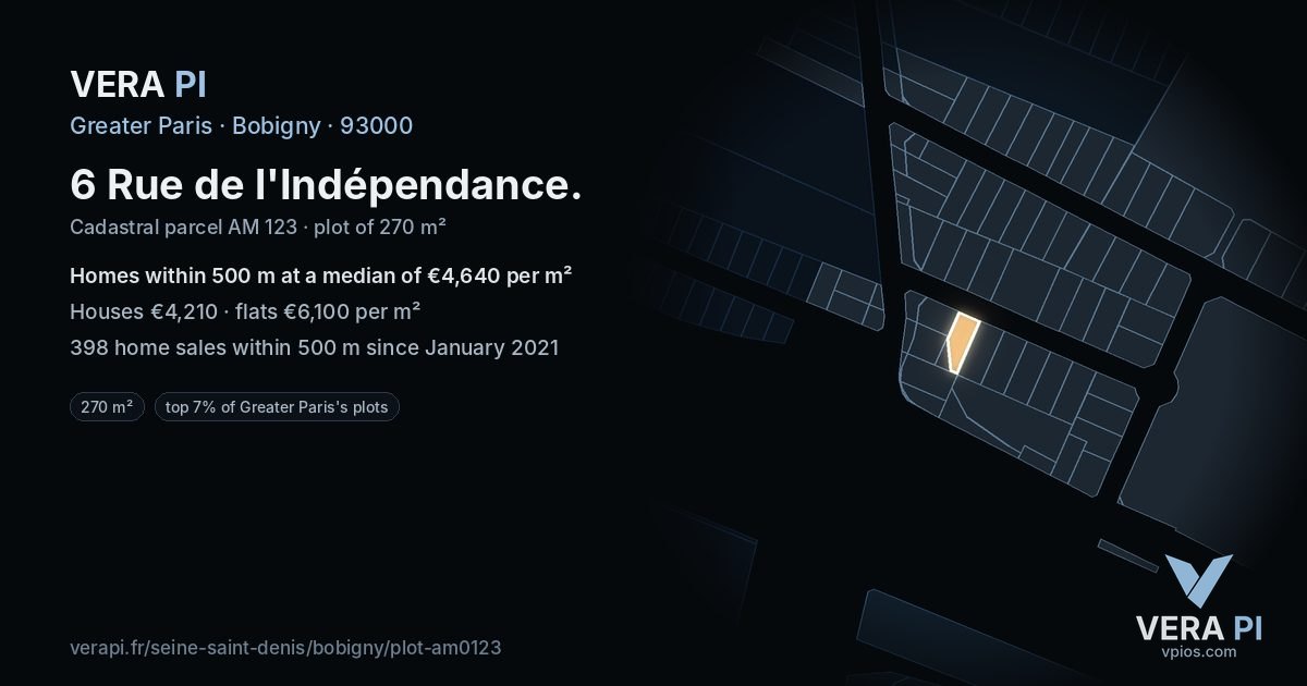 6 Rue de l'Indépendance, Bobigny at night – the plot lit, the parcels around coloured by the prices near them