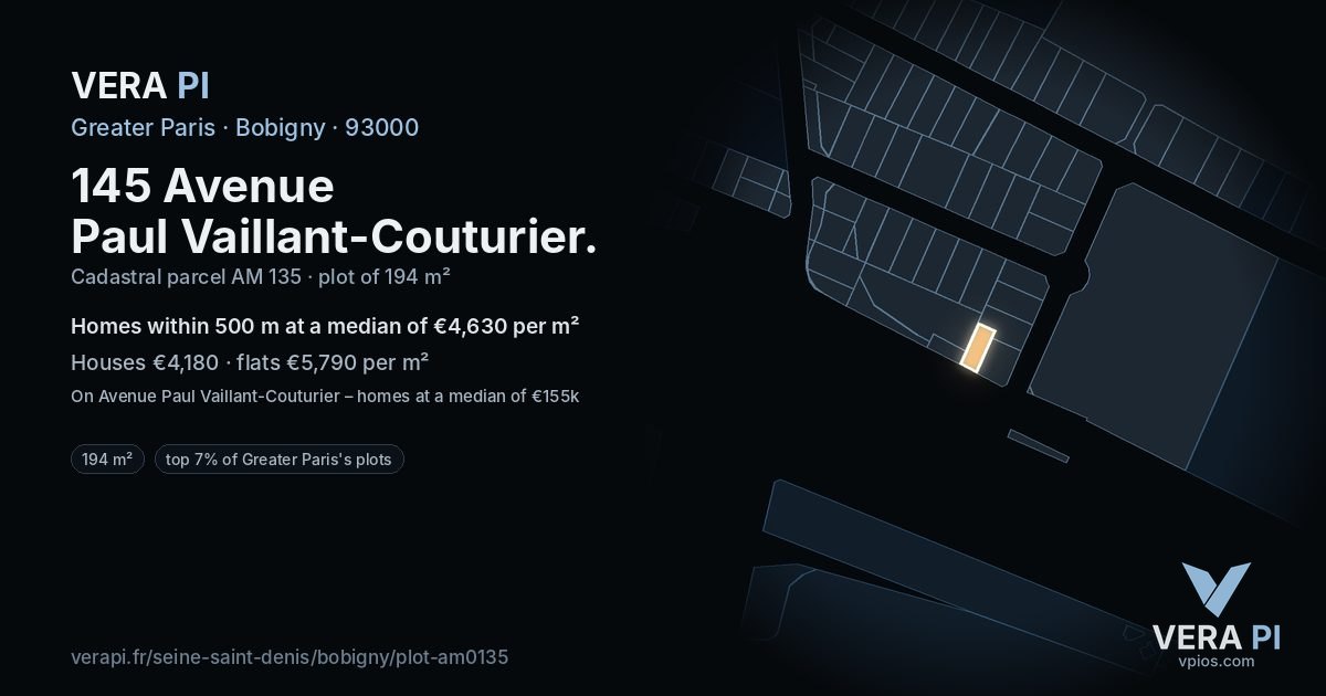 145 Avenue Paul Vaillant-Couturier, Bobigny at night – the plot lit, the parcels around coloured by the prices near them