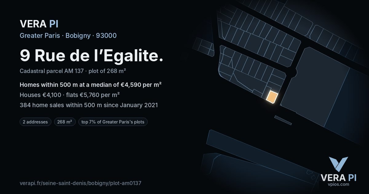 9 Rue de l’Egalite, Bobigny at night – the plot lit, the parcels around coloured by the prices near them