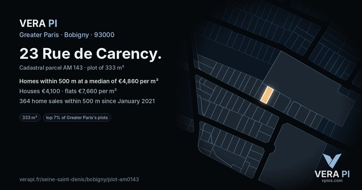 23 Rue de Carency, Bobigny at night – the plot lit, the parcels around coloured by the prices near them