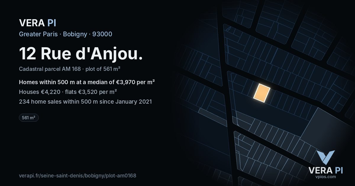 12 Rue d'Anjou, Bobigny at night – the plot lit, the parcels around coloured by the prices near them