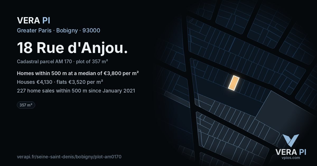 18 Rue d'Anjou, Bobigny at night – the plot lit, the parcels around coloured by the prices near them