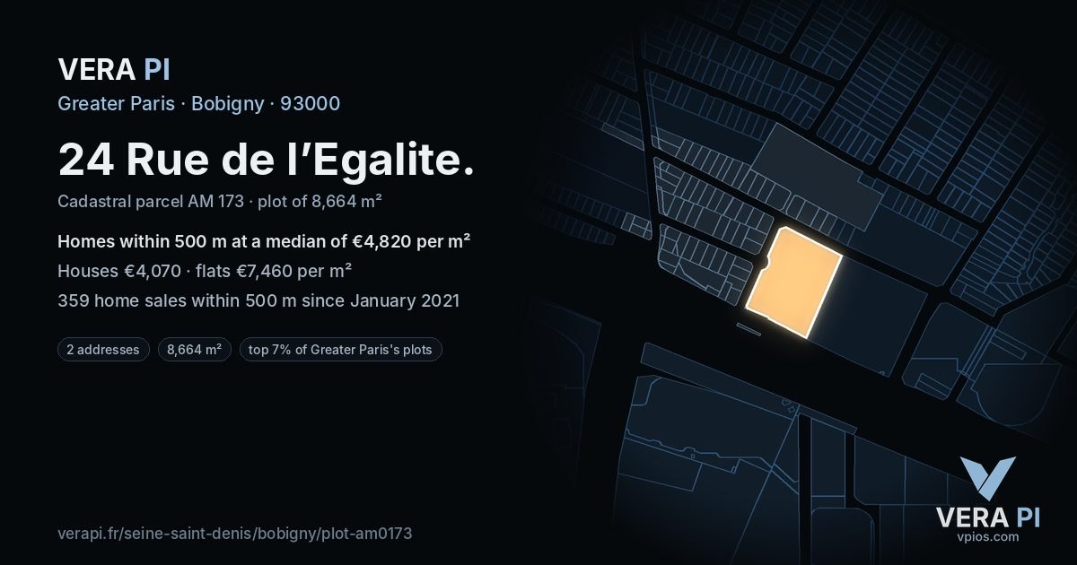 24 Rue de l’Egalite, Bobigny at night – the plot lit, the parcels around coloured by the prices near them
