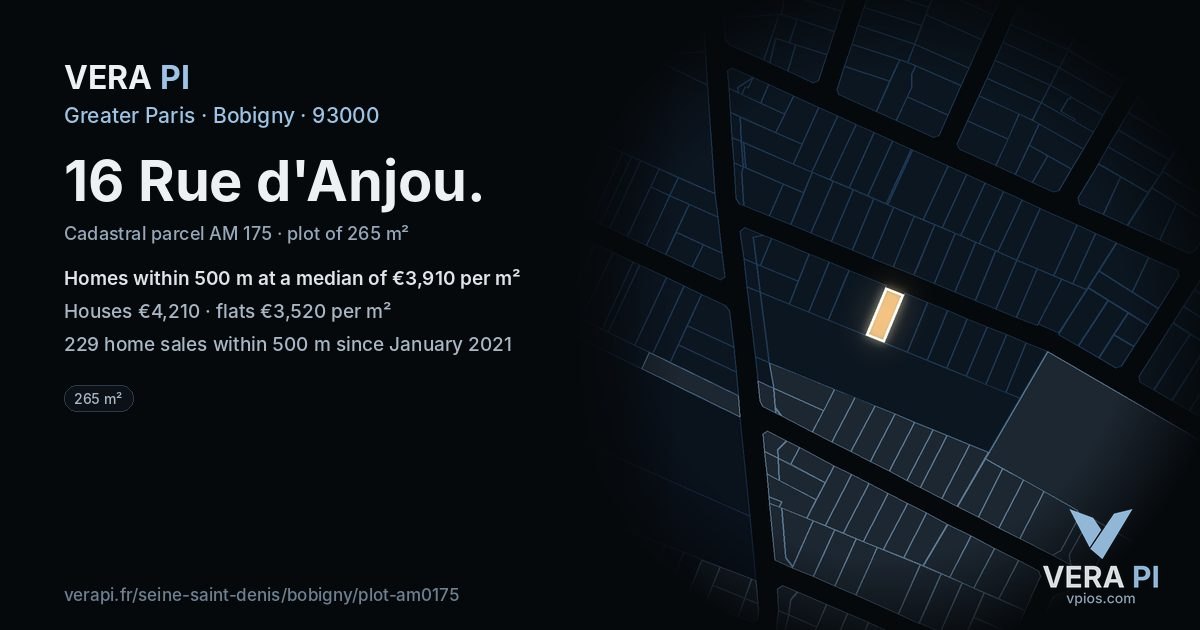16 Rue d'Anjou, Bobigny at night – the plot lit, the parcels around coloured by the prices near them