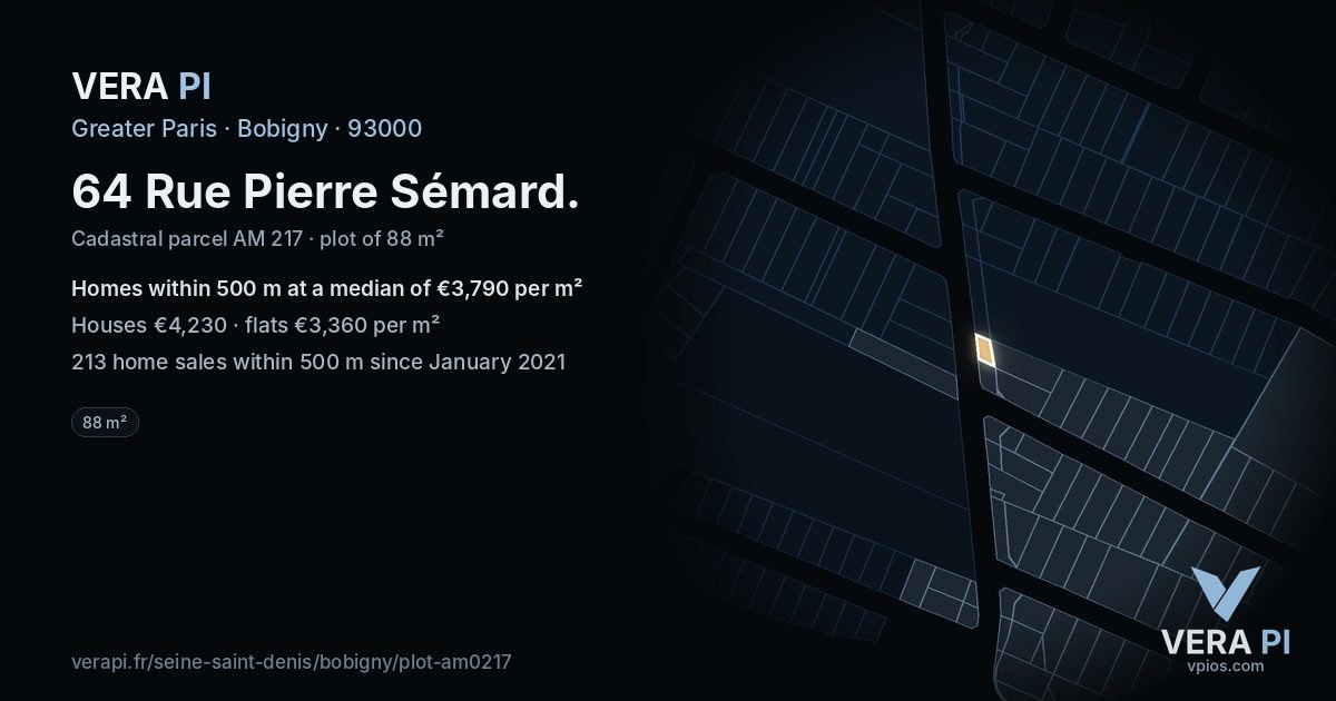 64 Rue Pierre Sémard, Bobigny at night – the plot lit, the parcels around coloured by the prices near them