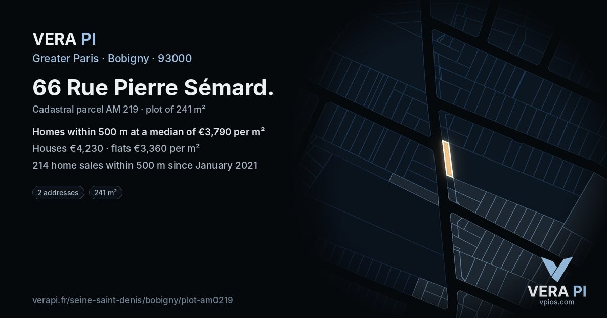 66 Rue Pierre Sémard, Bobigny at night – the plot lit, the parcels around coloured by the prices near them