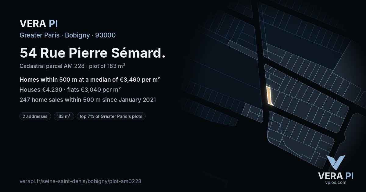 54 Rue Pierre Sémard, Bobigny at night – the plot lit, the parcels around coloured by the prices near them