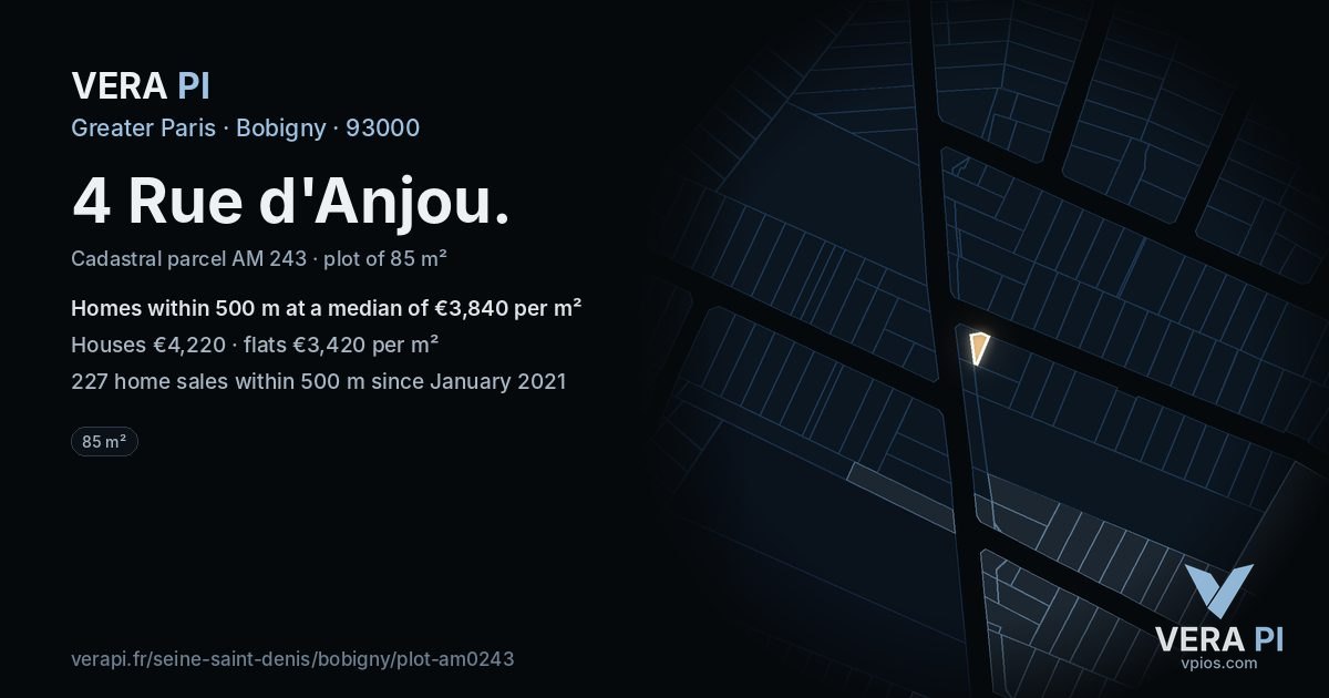 4 Rue d'Anjou, Bobigny at night – the plot lit, the parcels around coloured by the prices near them