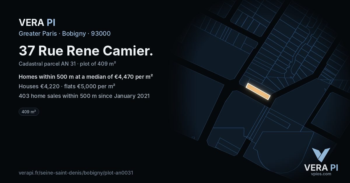 37 Rue Rene Camier, Bobigny at night – the plot lit, the parcels around coloured by the prices near them