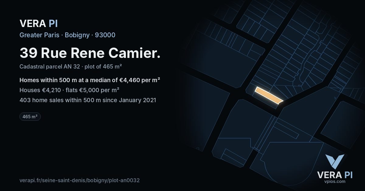 39 Rue Rene Camier, Bobigny at night – the plot lit, the parcels around coloured by the prices near them