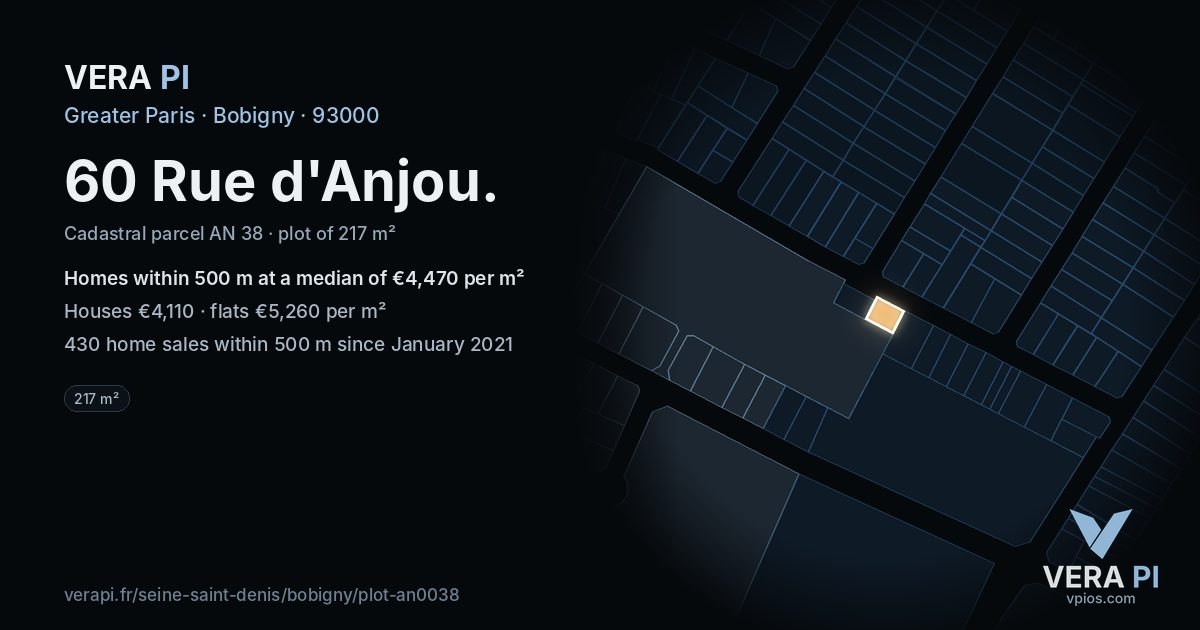 60 Rue d'Anjou, Bobigny at night – the plot lit, the parcels around coloured by the prices near them