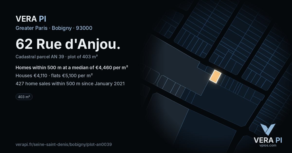 62 Rue d'Anjou, Bobigny at night – the plot lit, the parcels around coloured by the prices near them