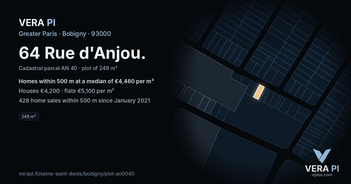 64 Rue d'Anjou, Bobigny at night – the plot lit, the parcels around coloured by the prices near them