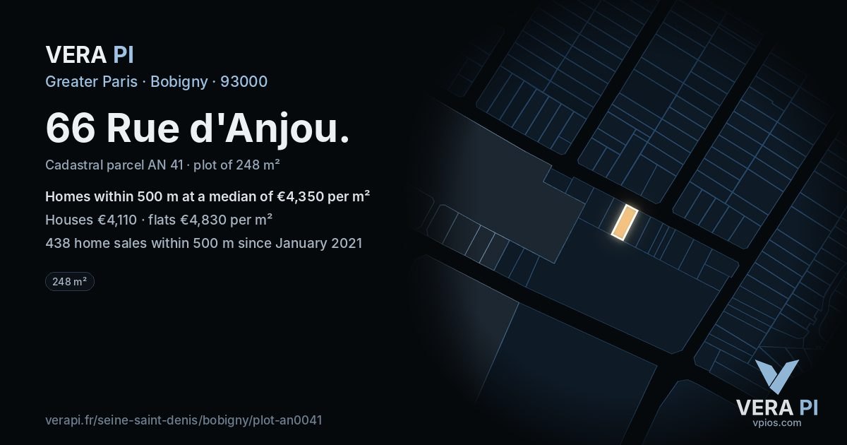 66 Rue d'Anjou, Bobigny at night – the plot lit, the parcels around coloured by the prices near them