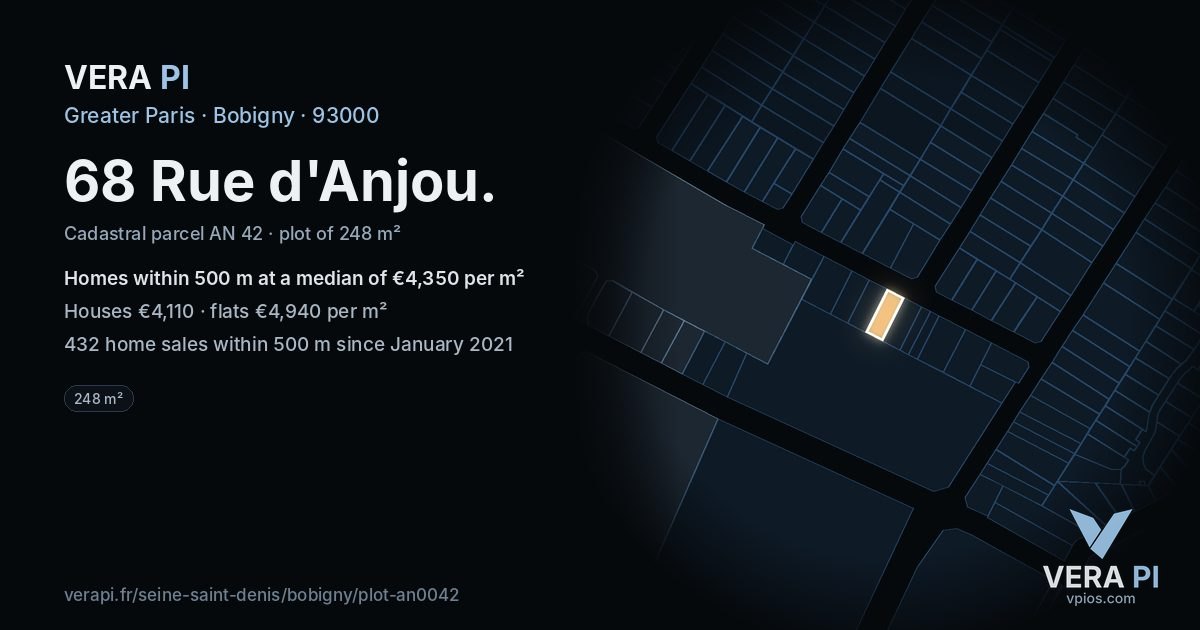 68 Rue d'Anjou, Bobigny at night – the plot lit, the parcels around coloured by the prices near them