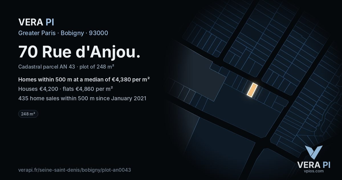 70 Rue d'Anjou, Bobigny at night – the plot lit, the parcels around coloured by the prices near them